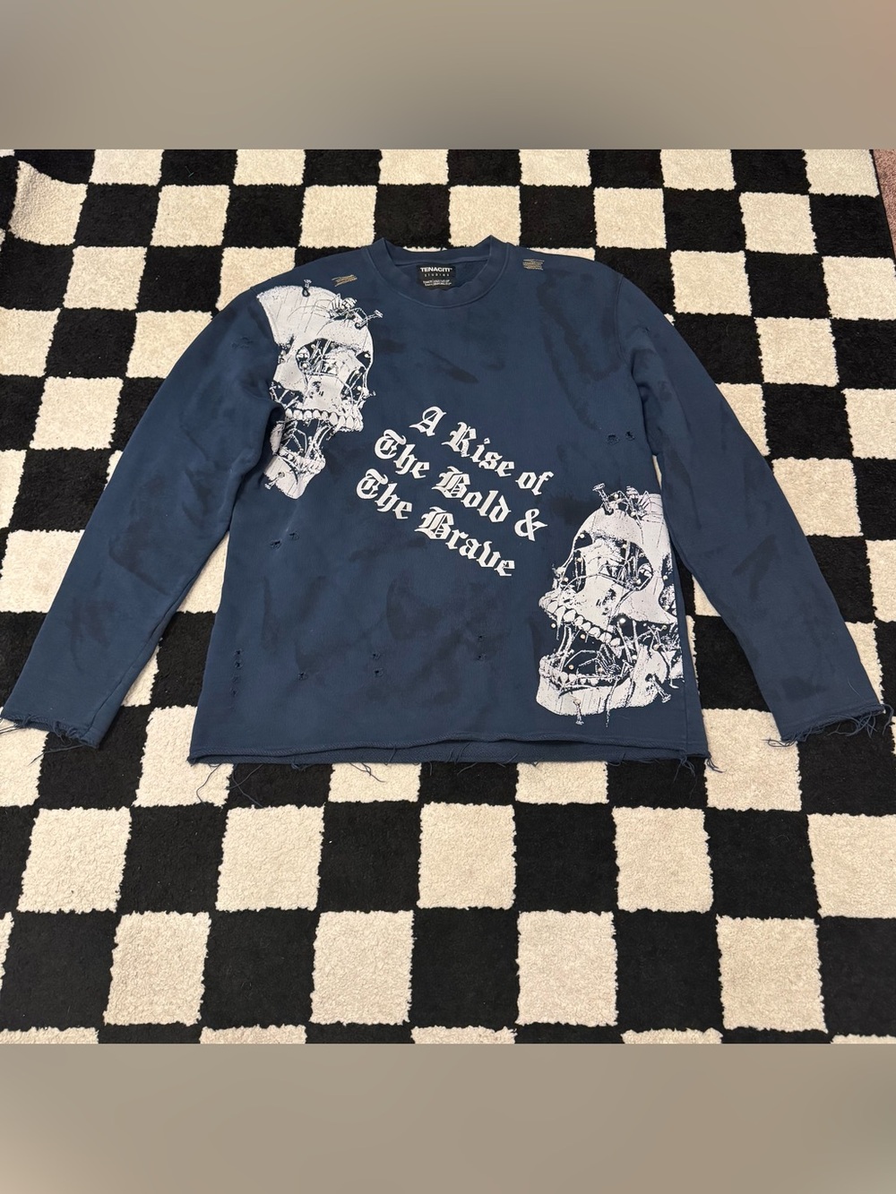 Tenaciti Studios Navy & White Studded Distressed Crewneck Sweatshirt Men’s XL
